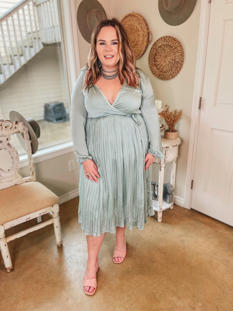Bakersfield Brunch Long Sleeve Midi Dress with Pleated Skirt in Sage Green