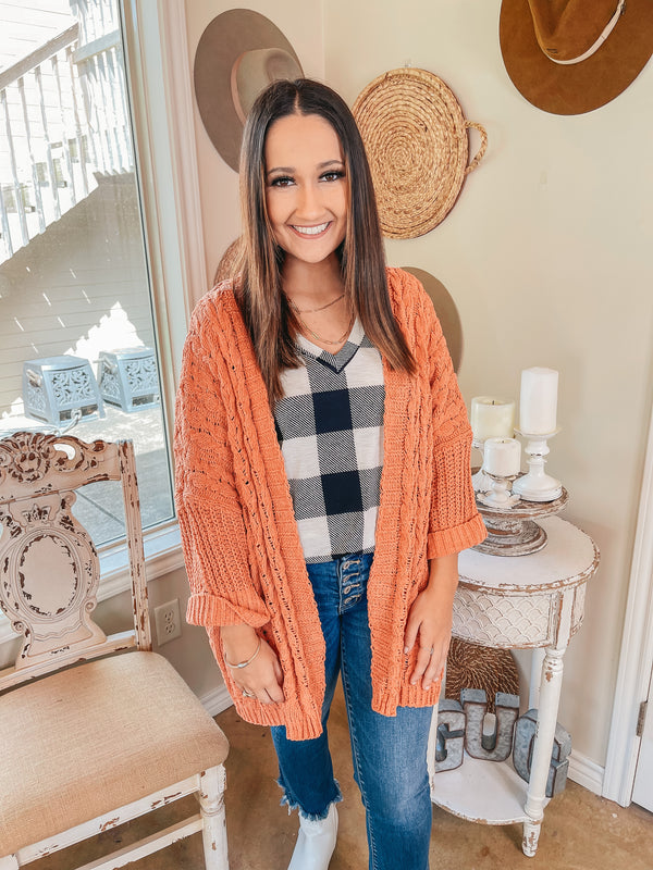 On My Level Chenille Cable Knit Open Front Cardigan in Canyon Clay Orange