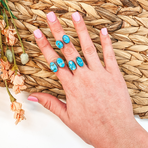 Eli Skeets | Navajo Handmade Sterling Silver Adjustable Ring with Kingman Turquoise Stones