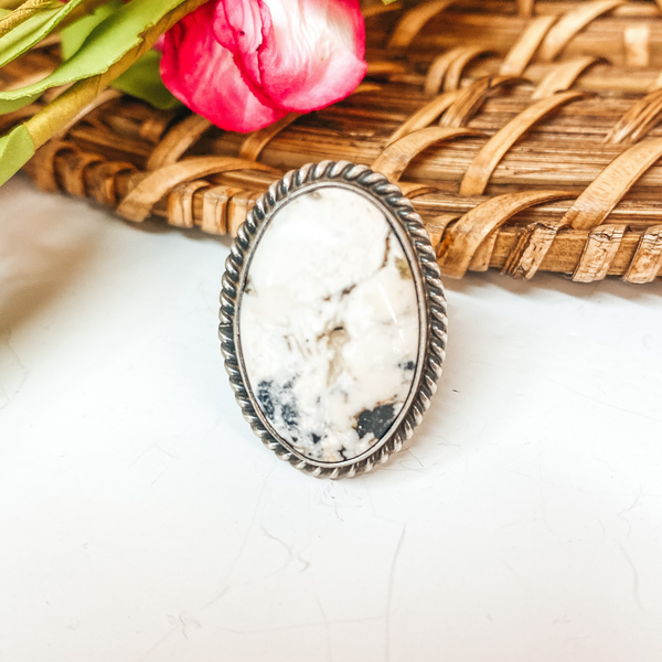 Alfred Martinez | Navajo Handmade Sterling Silver Oval Ring with White Buffalo Stone - Size 8