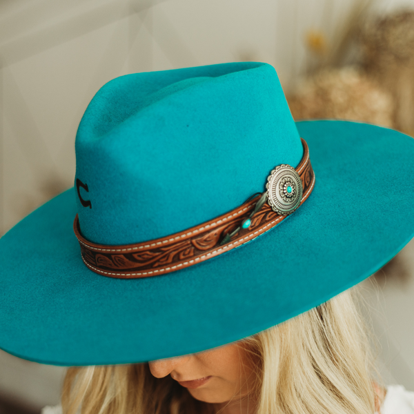 Charlie 1 Horse | White Sands Wool Felt Hat with Leather Tooled Band and Silver Concho in Turquoise