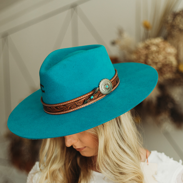 Charlie 1 Horse | White Sands Wool Felt Hat with Leather Tooled Band and Silver Concho in Turquoise