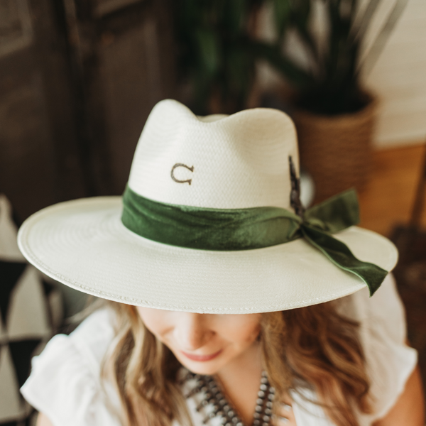Charlie 1 Horse | Hard to Handle Straw Hat with Olive Green Velvet Ribbon Band and Barbosa Cactus Concho Pin