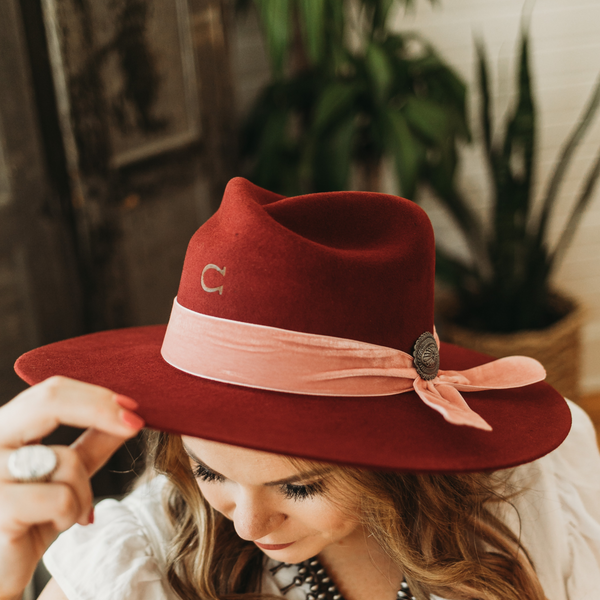Charlie 1 Horse | Lady Bandit Wool Felt Hat with Pink Velvet Band in Burgundy