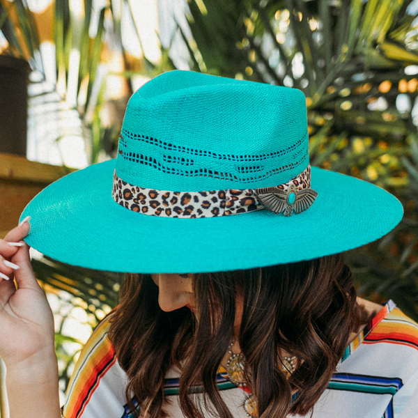 Charlie 1 Horse | Right Meow Straw Stiff Brim Hat with Leopard Band in Turquoise