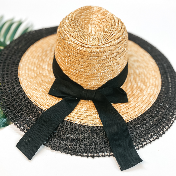 Sun Daze Wide Brim Hat with Black Band and Bow in Natural Tan and Black