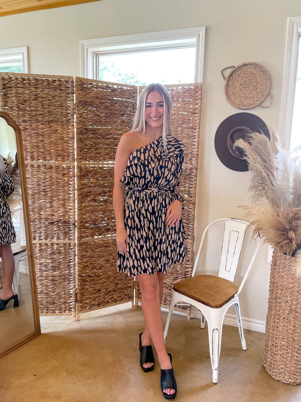 In First Place Animal Print One-Shoulder Dress in Black