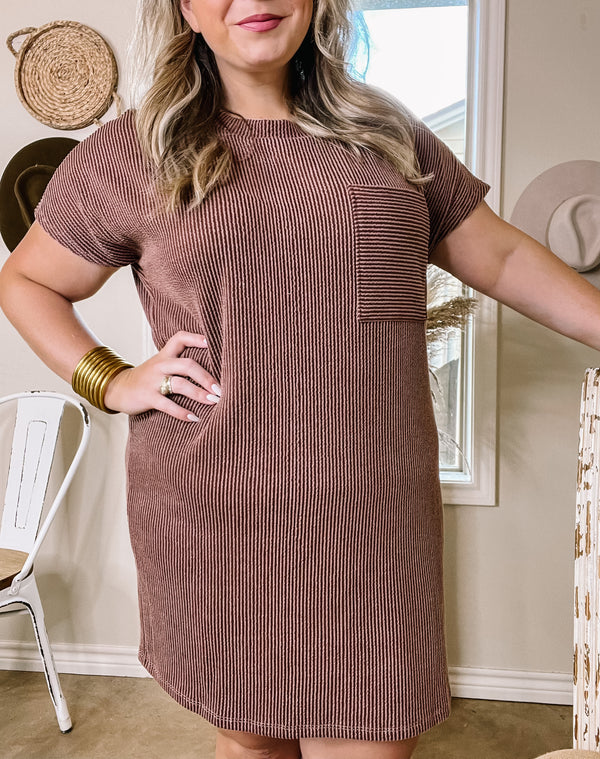 Coffee and Carefree Ribbed Short Sleeve Dress with Front Pocket in Brown