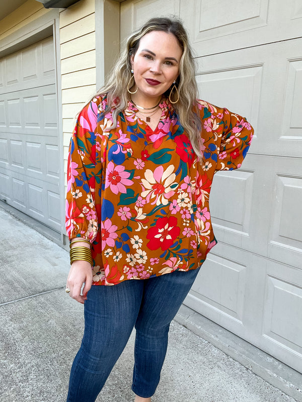 Falling For Floral 3/4 Sleeve Top with Notched Neck in Camel Brown