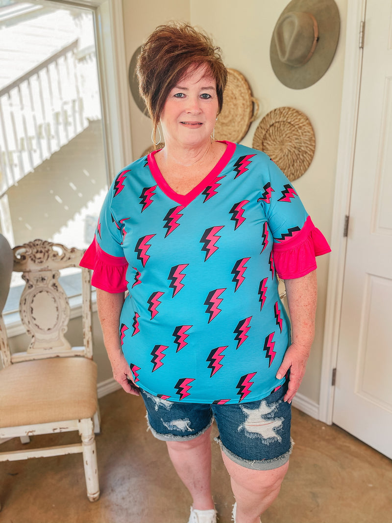 Saved By the Bell Fuchsia Lightning Bolt V Neck Top with Ruffle Sleeves in Turquoise