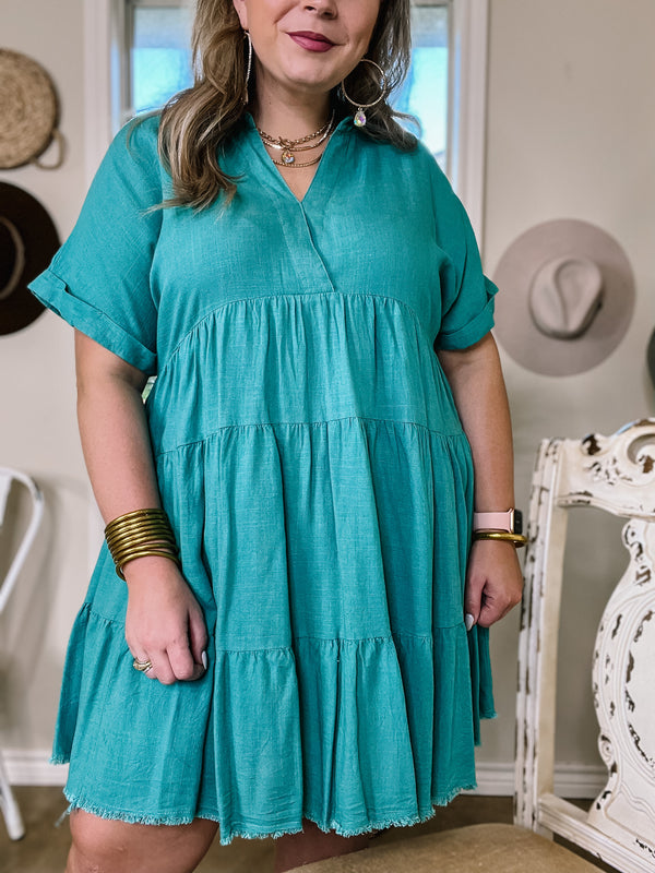 Taos Transitions Ruffle Tiered Collared Dress with Frayed Hem in Turquoise