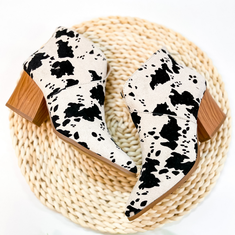 Modern Classic Wooden Booties with Front Slit in Black Cow Print