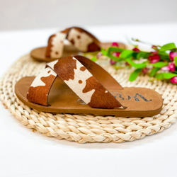 Very G | Searching For Sunshine Cross Strap Faux Hide Sandals in Brown Cow