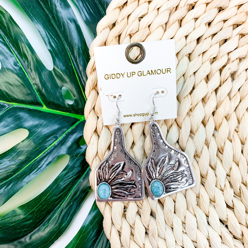 Country Charm Silver Ear Tag Metal Earrings With Turquoise Stone