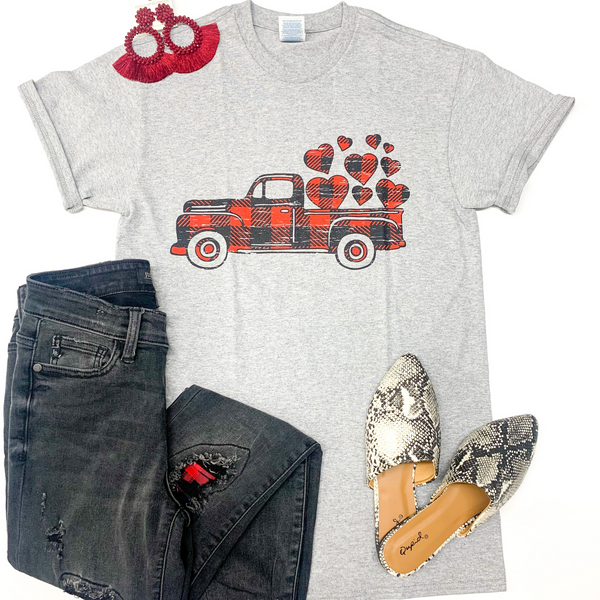 Youth | Take My Love For A Ride Buffalo Plaid Pickup Truck with Hearts Graphic Tee in Grey