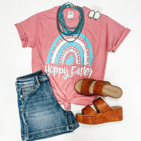 Hoppy Easter Rainbow Short Sleeve Graphic Tee in Mauve Pink