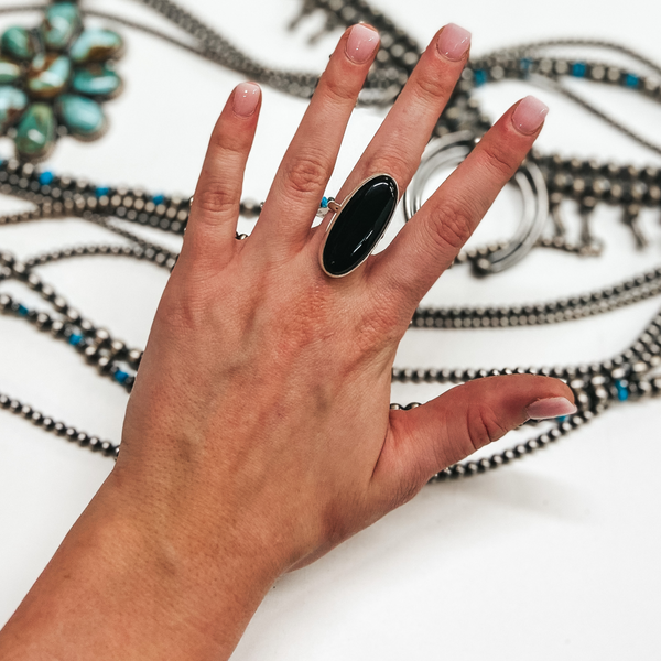 Judy Largo | Navajo Handmade Sterling Silver Ring with Oval Black Onyx Stone