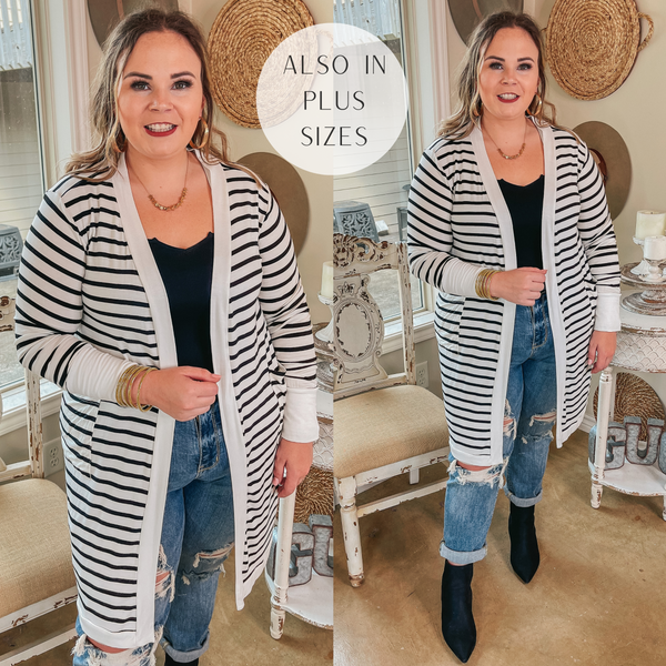 On the Scene Long Sleeve Striped Open Front Cardigan in Ivory