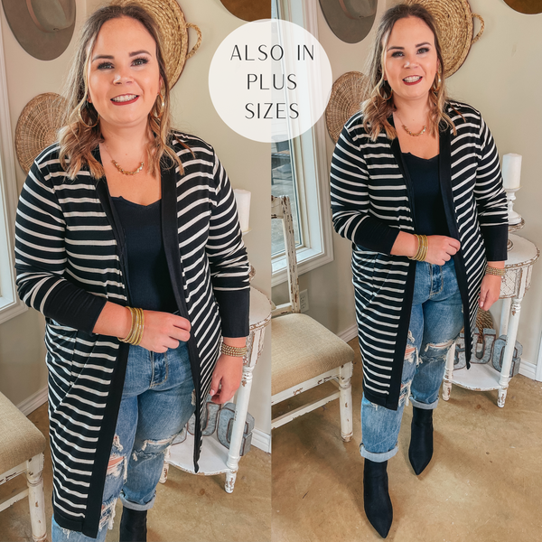 On the Scene Long Sleeve Striped Open Front Cardigan in Black