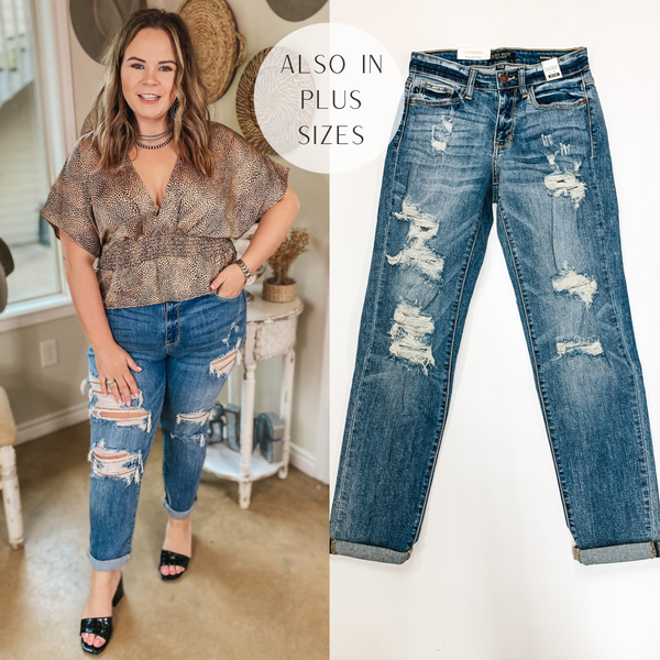 Judy Blue | Living on the Edge Destroyed Boyfriend Mid-Rise Jeans in Medium Wash