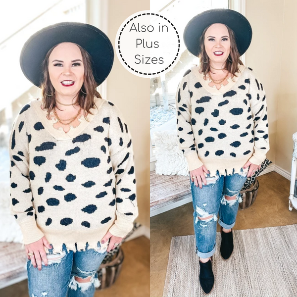 Last Chance Size 2XL | Warm Up Lap Dotted Distressed Trim Sweater in Oatmeal