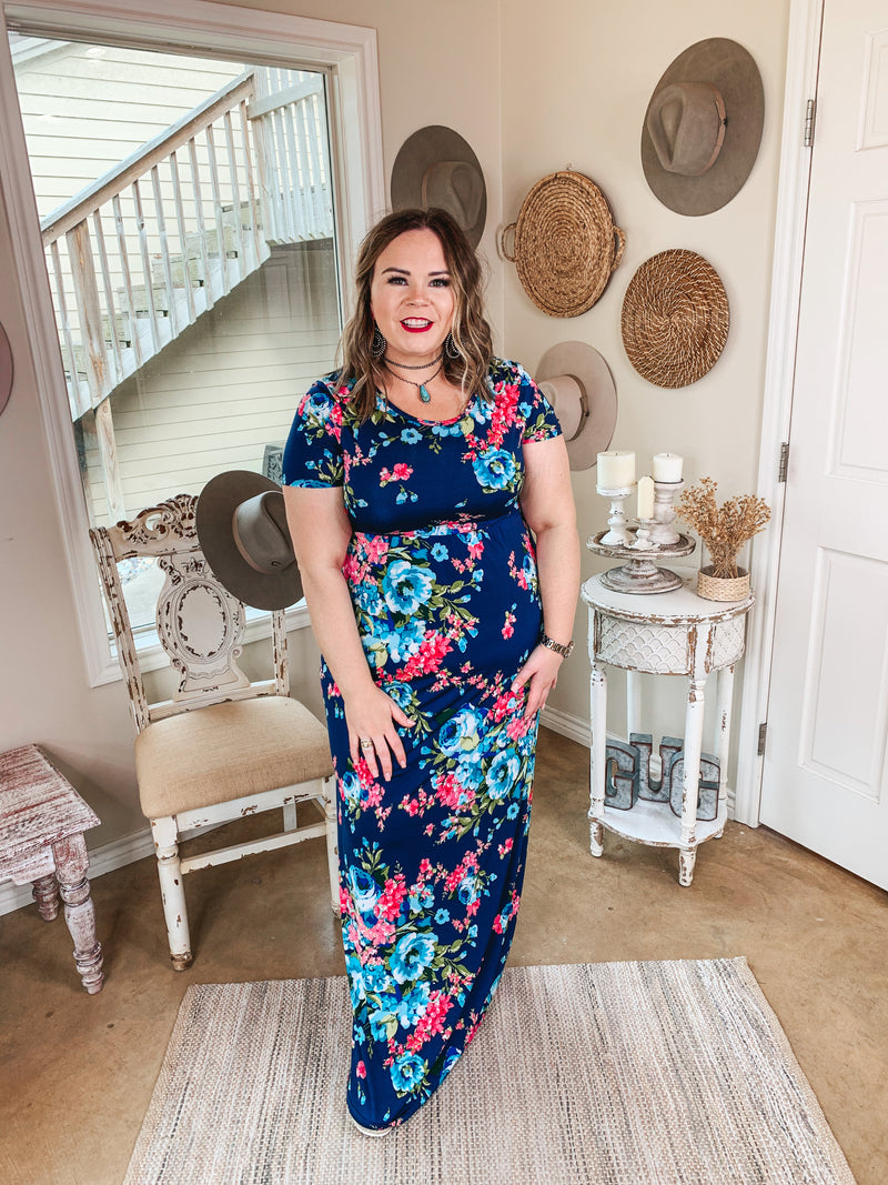 Last Chance Size Small | Sunsets In The Garden Floral Maxi Dress with Criss-Cross Back in Navy