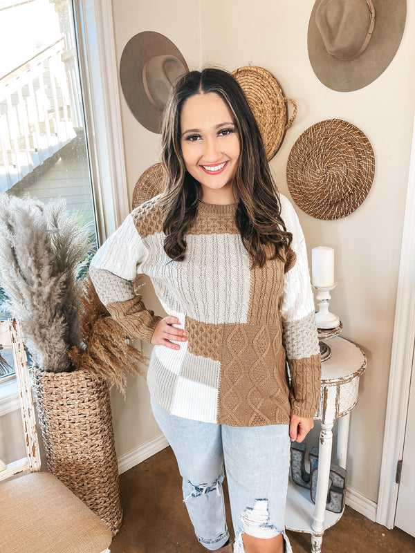 Frozen Lake Mix Knit Color Block Sweater in Ivory, Tan, and Grey
