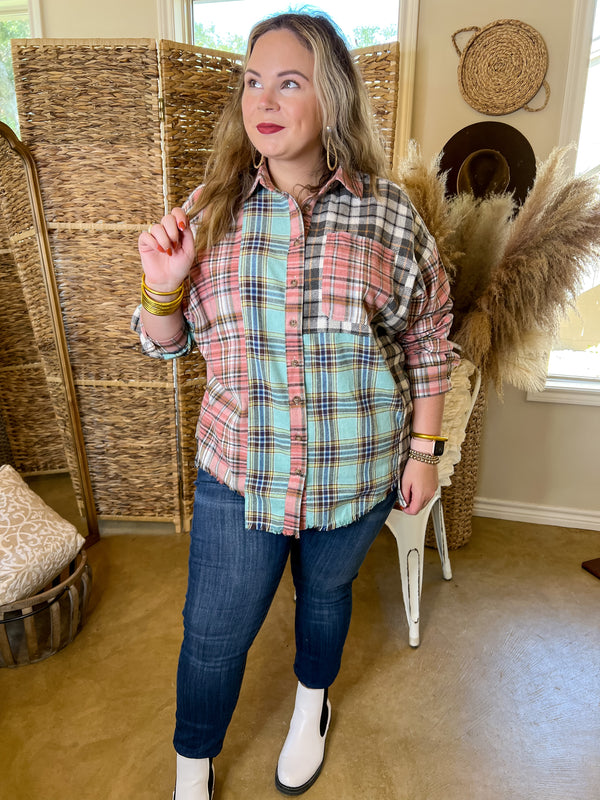 Casual Chats Color Block Plaid Flannel Top in Grey, Mint, and Pink