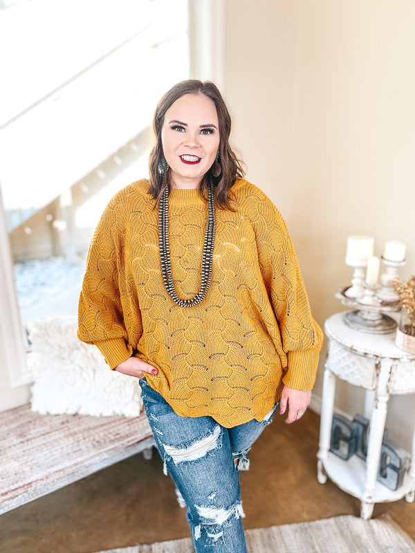 So Agreeable Knit Dolman Sweater with Scalloped Hemline in Mustard Yellow