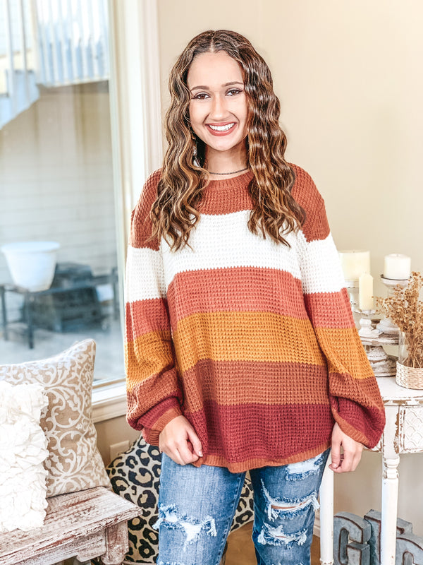 Choosing Cozy Striped Long Sleeve Bubble Sleeve Sweater in Rust Mix