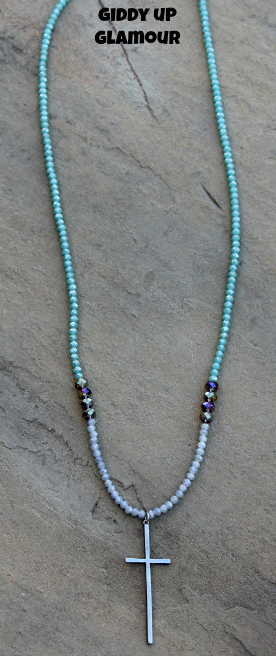 Long Mint and Grey Crystal Necklace with Silver Cross