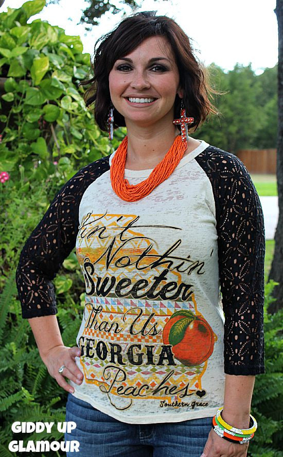 Ain't Nothing Sweeter Than Us Georgia Peaches Baseball Burnout Tee with Black Crochet Lace Sleeves