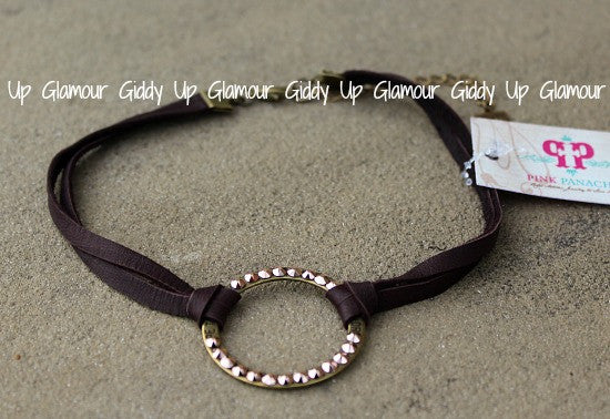 Pink Panache Chocolate Brown Leather Double Strand Choker Necklace with Rose Gold Crystal Open Circle