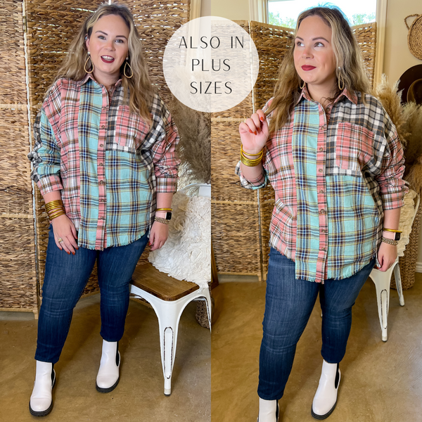 Model is wearing a plaid button up top that is a mix of grey, mint blue, and pink. Model has it paired with dark wash skinny jeans, white booties, and gold jewelry.