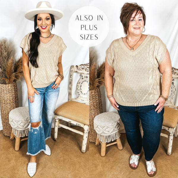 Models are wearing a beige cap sleeve sweater top. Size small model has it paired with cropped jeans, white mules, and an ivory hat. Plus size model has it paired with dark wash boyfriend jeans, white sandals, and gold jewelry.