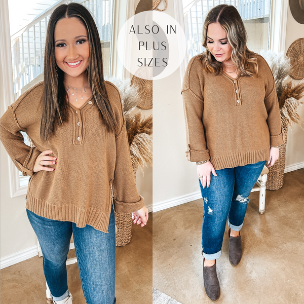 Latte Kinda Day Henley V Neck Sweater with Wide Sleeves in Toffee Brown