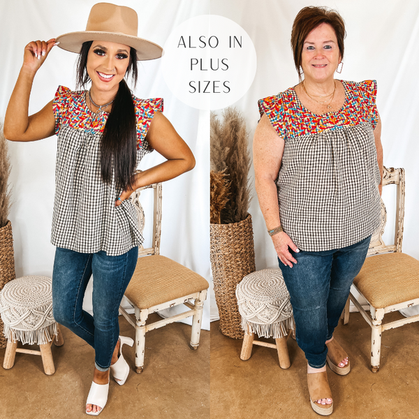 Models are wearing a black and ivory plaid top that has colorful embroidery. Size small model has it paired with skinny jeans, white heels, and a tan hat. Plus size model has it paired with skinny jeans, tan wedges, and gold jewelry.