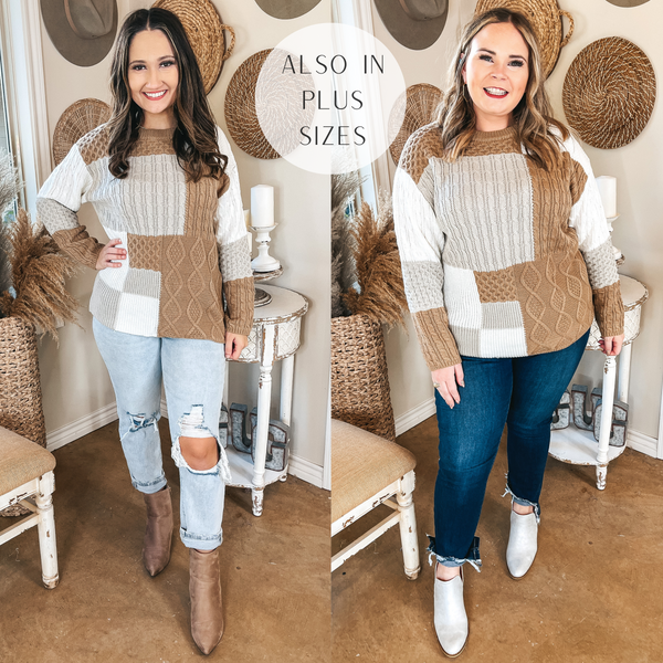 Models are wearing a color block sweater that is long sleeves and a mix of different knit patterns. The sweater is a mix of tan, ivory, and grey. Size small model has it paired with white wash jeans, taupe booties, and gold jewelry. Size large model has it paired with dark wash jeans, white booties, and gold jewelry.