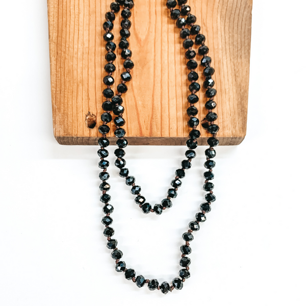 36 Inch Long Layering 8mm Crystal Strand Necklace in Black with Brown String
