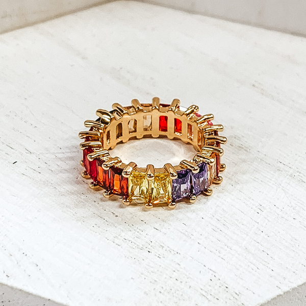 Gold Tone Ring with Baguette Crystals in Garnet Multicolored