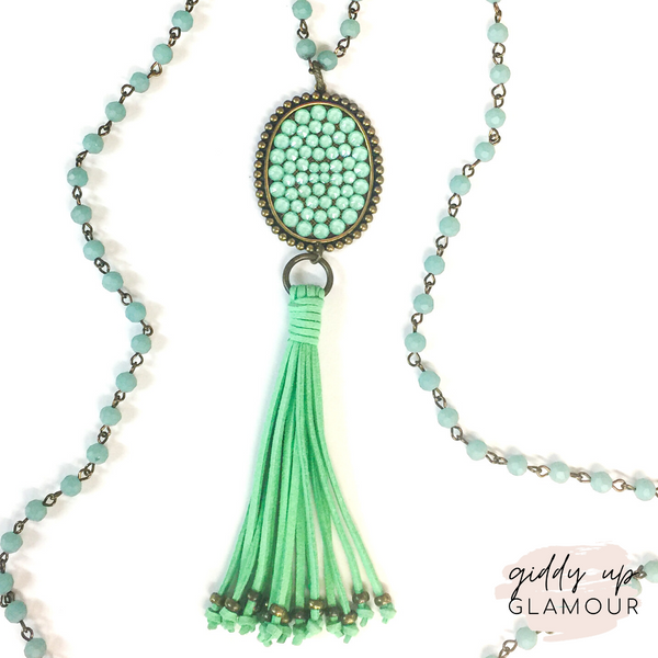 Pink Panache Long Crystal Necklace with Oval Covered in Candy Mint Crystals and Tassel
