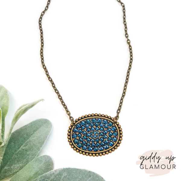 Pink Panache Bronze Oval Necklace with Solid Midnight Navy Blue Crystals