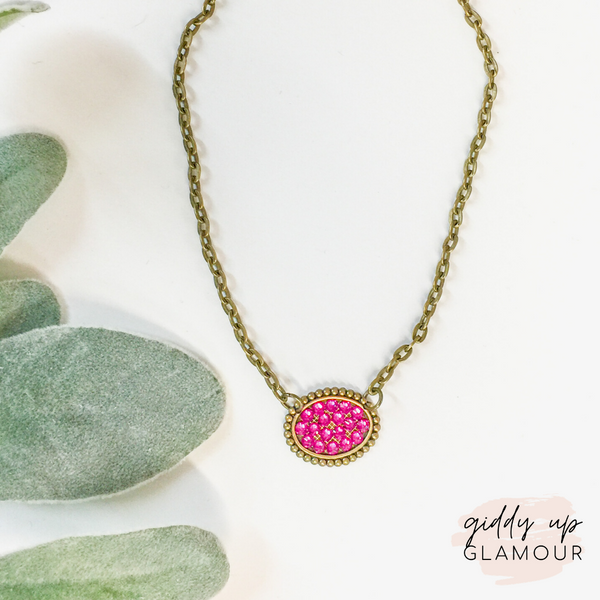 Pink Panache Mini Bronze Oval Necklace with Fuchsia Crystals