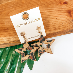 She's a Star Gold Post Dangle Earrings with Faux Fur Star in Leopard Print