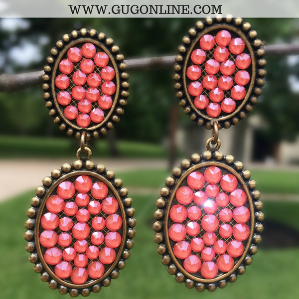 Pink Panache Bronze Mini and Small Oval Dangle Earrings with Candy Coral Crystals