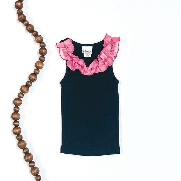 Children's | Black Ribbed Tank Top with Pink Ruffles on the Neckline