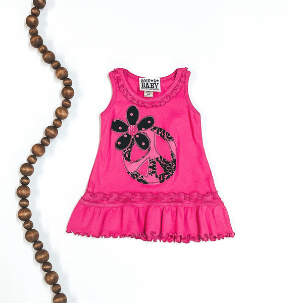 Children's | Hot Pink Ruffled Tank Top with Peace Sign and Flower