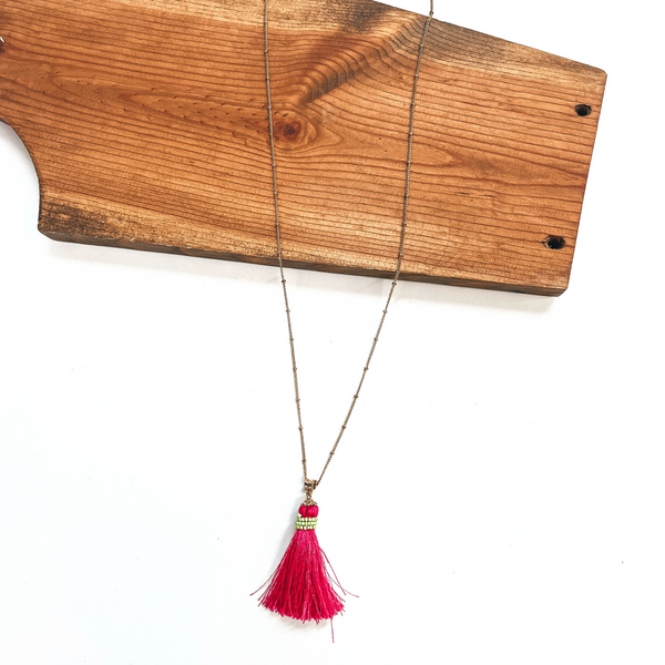 Last Chance | Long Gold Necklace with Tassel in Hot Pink and Lime Green Beads