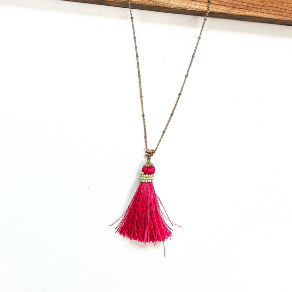 Last Chance | Long Gold Necklace with Tassel in Hot Pink and Lime Green Beads