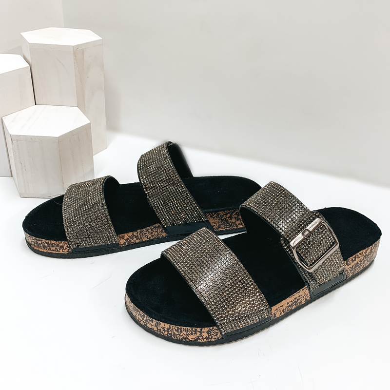 Casual Events Buckle Two Strap Crystal Sandals in Black